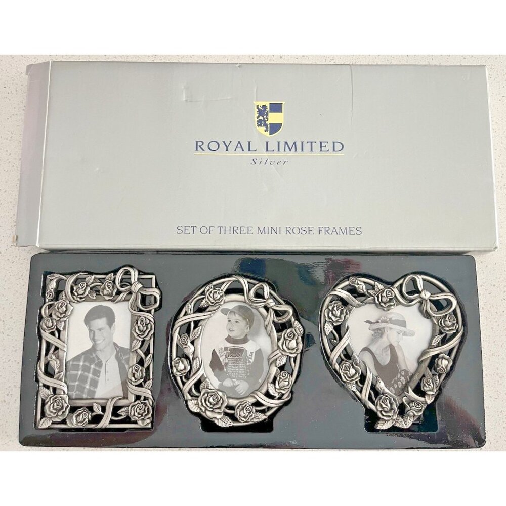 Vintage Royal Limited Silver Set of 3 Mini Picture Frames Rose New in Box 4"